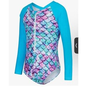 Girls Mermaid Scale One Piece Swimsuit Long Sleeve Blue Multicolor Size 6T